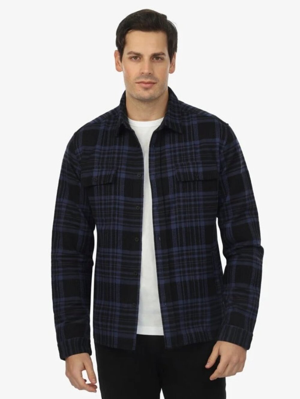 Vustra Navy/Black Plaid Organic Cotton Textured Shacket
